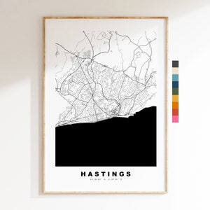 Impresión de mapa de Hastings - Póster de mapa de ciudad minimalista - Arte de pared con mapas - Reino Unido - Impresión de Hastings - Póster de Hastings - Diferentes colores disponibles