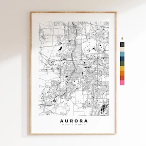 Aurora Carte de la ville Imprimer - impression de carte - art de la carte - estampes ou impressions encadrées - minimaliste - États-Unis