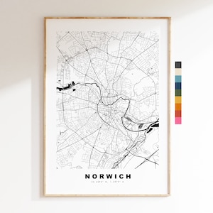 Impresión de mapa de Norwich - Póster de mapa de ciudad minimalista - Arte de mapas - Reino Unido - Impresión de Norwich - Póster de Norwich - Diferentes colores disponibles