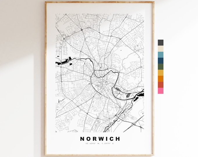 Norwich Map Print - Minimalist City Map Poster - Map Art - UK - Norwich Print - Norwich Poster - Different Colours Available