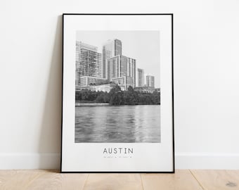 Austin City Poster Druck - Schwarzweißer Minimalistischer Stadtdruck - Koordinaten - Austin Poster - Austin Kunstdruck - Austin Print - Texas