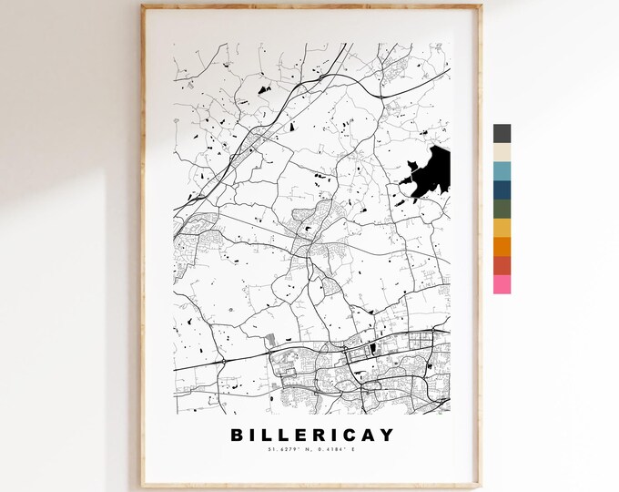 Billericay Map Print - Minimalist City Map Poster - Map Art - UK - Billericay Print - Billericay, Essex - Different Colours Available