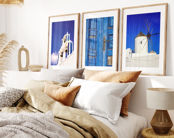Santorini Print Set - Print Set of Three - Bold Blue Prints - Framed Prints Available - Greek Photography Prints - Greece Fine At Photo