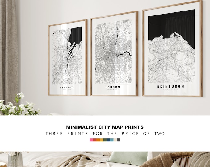 City Map Print Set - Money Saving Offer - Three for Two - Minimalist City Map Prints - Any City or Town - City Map Poster - Map Wall Art