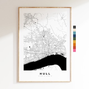 Impresión de mapa de Hull - Póster de mapa de ciudad minimalista - Arte de pared con mapas - Reino Unido - Impresión de Hull - Póster de Hull - Diferentes colores disponibles