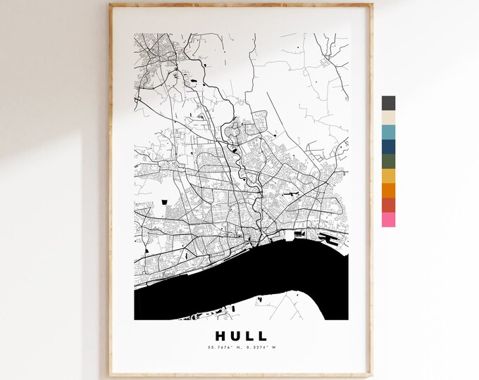 Hull Map Print - Minimalist City Map Poster - Map Wall Art - UK - Hull Print - Hull Poster - Different Colours Available