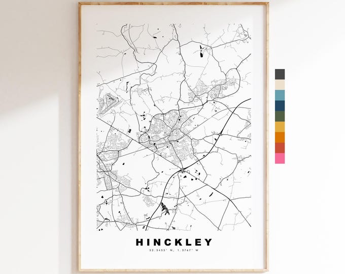 Hinckley Map Print - Minimalist City Map Poster - Map Art - UK - Hinckley Print - Hinckley, Leicestershire - Different Colours Available