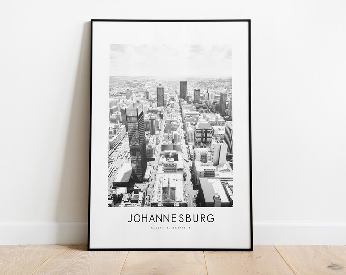 Johannesburg City Poster Print - Black and White Minimalist City Print - Coordinates - Johannesburg Poster - Johannesburg Art Print - Gift