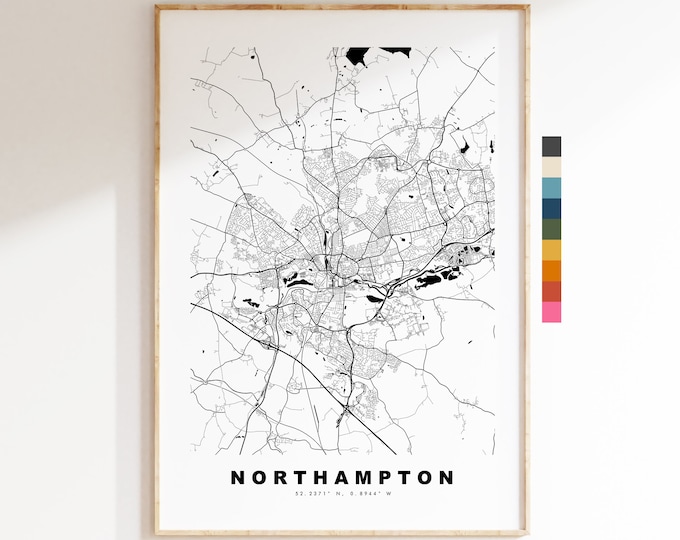 Northampton Map Print - Minimalist City Map Poster - Map Art - UK - Northampton Print - Northampton Poster - Different Colours Available