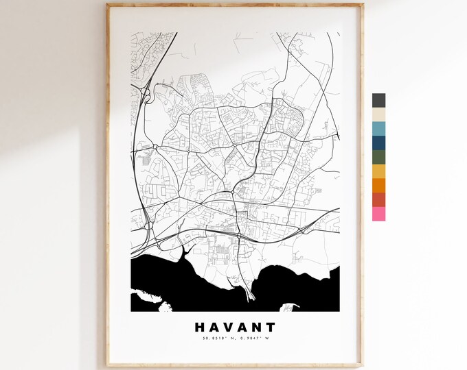 Havant Map Print - Minimalist City Map Poster - Map Wall Art - UK - Havant Print - Havant Poster - Different Colours Available