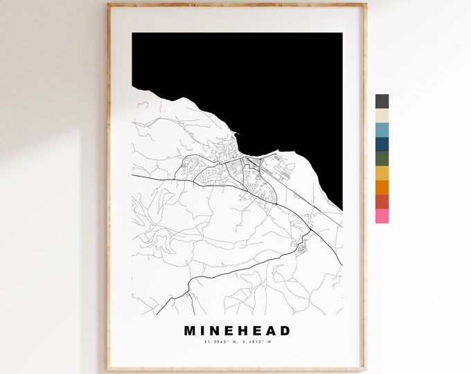 Minehead Map Print - Minimalist City Map Poster - Map Wall Art - UK - Minehead Print - Minehead Poster - Different Colours Available