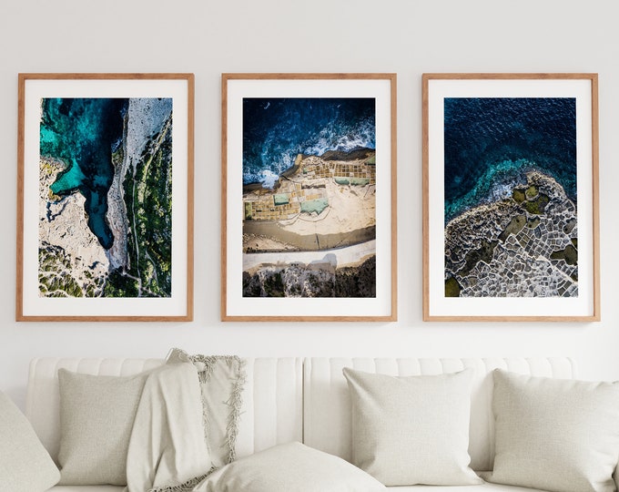 Malta Landscape Print Set - Coastal Wall Art - Coastal Photography Print Set - Aerial Photography - Salt Pan - Mediterranean Blue - Print