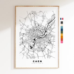 Caen Impresión de mapas de la ciudad - Mapa de la ciudad minimalista - Arte de la pared del mapa - Impresiones o impresiones enmarcadas
