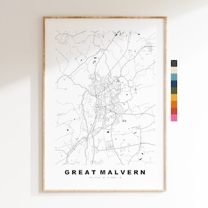 Impresión del mapa de Great Malvern - Póster minimalista de mapa de ciudad - Arte de mapas - Reino Unido - Impresión de Great Malvern - Póster de Malvern - Diferentes colores disponibles