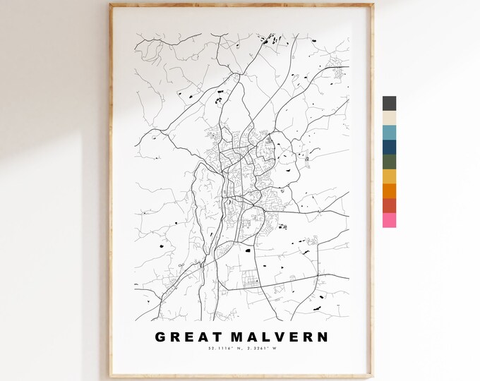 Great Malvern Map Print - Minimalist City Map Poster - Map Art - UK - Great Malvern Print - Malvern Poster - Different Colours Available