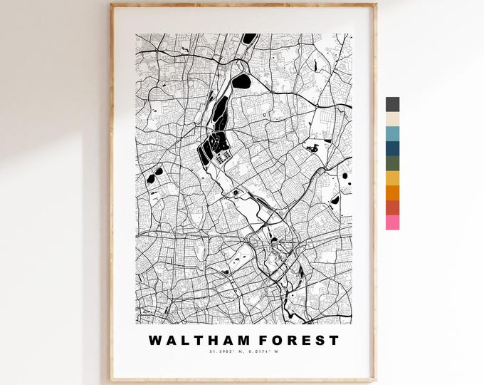 Waltham Forest Map Print - Minimalist City Map Poster - Map Art - UK - Waltham Forest Print - London - Different Colours Available