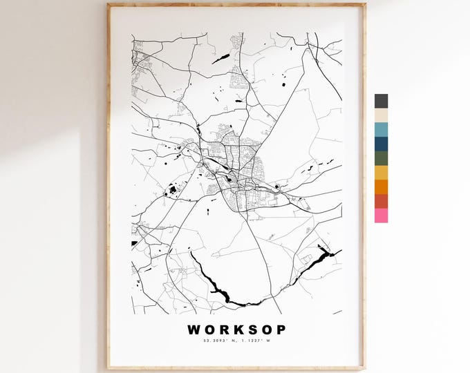 Worksop Map Print - Minimalist City Map Poster - Map Art - UK - Worksop Print - Worksop, Nottinghamshire - Different Colours Available