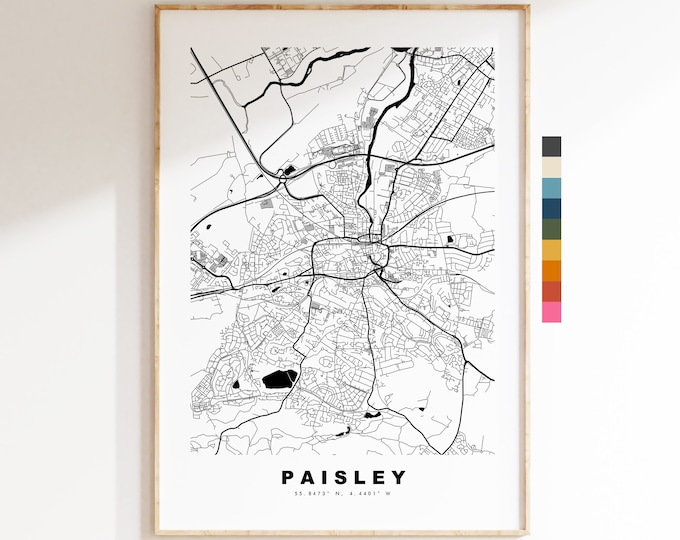 Paisley Map Print - Minimalist City Map Poster - Map Wall Art - Scotland - Paisley Print - Paisley Poster - Different Colours Available