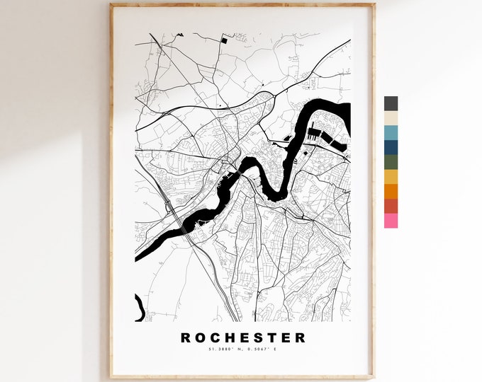 Rochester Map Print - Minimalist City Map Poster - Map Art - UK - Rochester Print - Rochester Poster - Different Colours Available