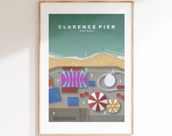 Clarence Pier Travel Poster - Wall Art Print - Southsea and Portsmouth Travel Posters - Minimalist Retro Style - Prints or Framed Prints