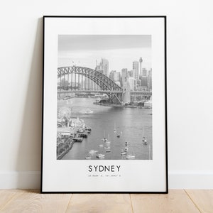 Sydney City Poster Print - Black and White Minimalist City Print - Coordinates - Sydney Poster - Sydney Art Print - Sydney Australia - Gift