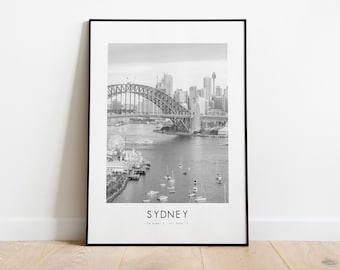 Sydney City Poster Print - Black and White Minimalist City Print - Coordinates - Sydney Poster - Sydney Art Print - Sydney Australia - Gift