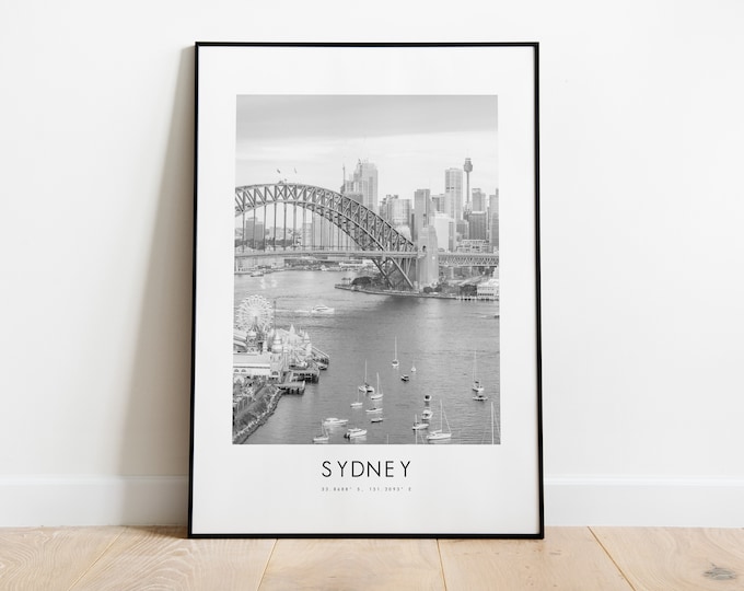 Sydney City Poster Print - Black and White Minimalist City Print - Coordinates - Sydney Poster - Sydney Art Print - Sydney Australia - Gift
