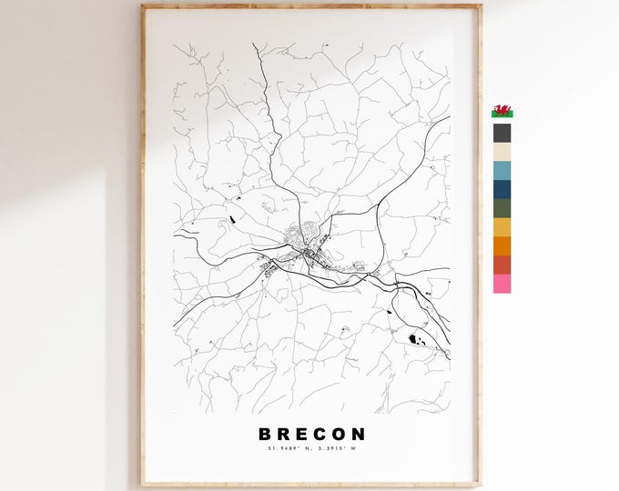 Brecon Map Print - Minimalist City Map Poster - Map Art - Wales - Brecon Print - Brecon Poster - Different Colours Available