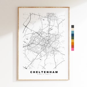 Impresión de mapa de Cheltenham - Póster de mapa de ciudad minimalista - Arte de pared con mapas - Reino Unido - Impresión de Cheltenham - Póster de Cheltenham - Diferentes colores disponibles