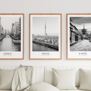 Japan Poster Print Set - Tokyo - Osaka - Kyoto - Black and White Minimalist Prints - Hallway - Living Room - City Posters - Japandi Decor