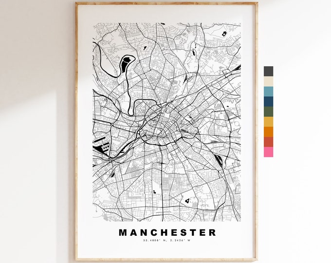Manchester Map Print - Minimalist City Map Poster - Map Art - UK - Manchester Print - Manchester Poster - Different Colours Available