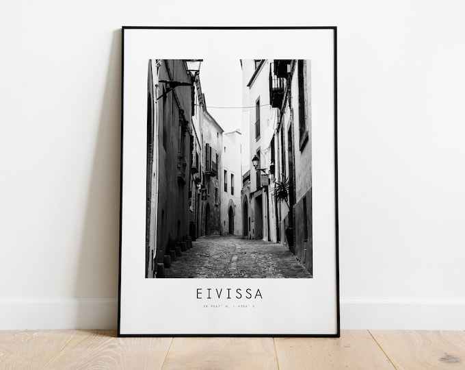 Eivissa City Poster Print - Black and White Minimalist City Print - Coordinates - Eivissa -  Ibiza Print - Ibiza Poster - Ibiza Old Town