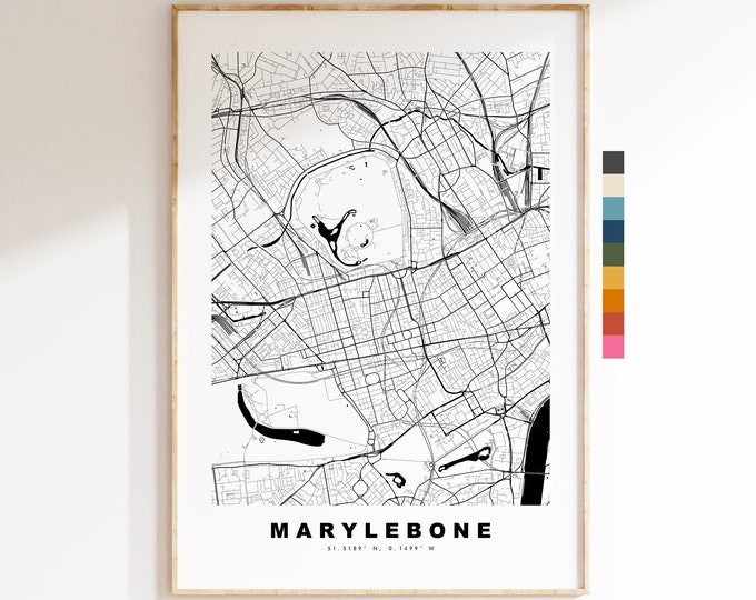 Marylebone Map Print - Minimalist City Map Poster - Map Art - London, UK - Marylebone Print - Poster - Different Colours Available