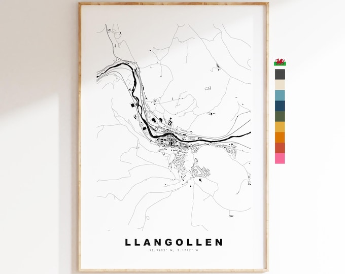 Llangollen Map Print - Minimalist City Map Poster - Map Art - Wales - Llangollen Print - Llangollen Poster - Different Colours Available