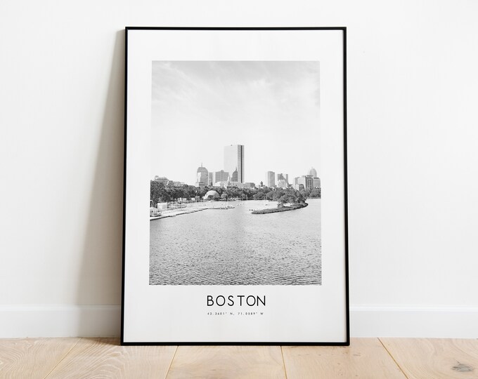 Boston City Poster Print - Black and White Minimalist City Print - Coordinates - Boston Poster - Boston Art Print -  Boston USA - Poster