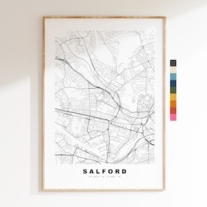 Impresión de mapa de Salford - Póster de mapa de ciudad minimalista - Arte de mapas - Reino Unido - Impresión de Salford - Salford Manchester - Póster - Diferentes colores disponibles