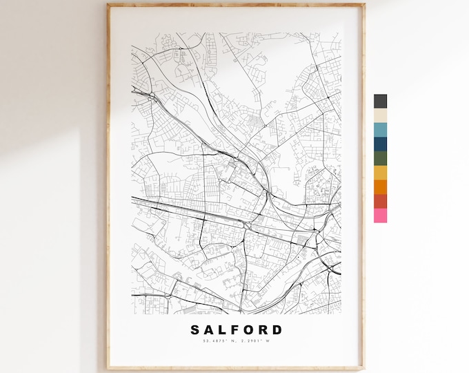 Salford Map Print - Minimalist City Map Poster - Map Art - UK - Salford Print - Salford Manchester - Poster - Different Colours Available