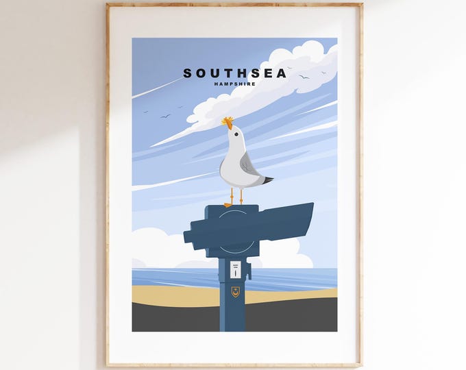 Southsea Seagull Travel Poster - Wall Art Print - Southsea and Portsmouth Travel Posters - Minimalist Retro Style - Prints or Framed Prints