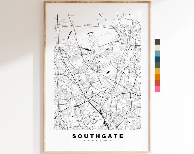 Southgate Map Print - Minimalist City Map Poster - Map Art - UK - Southgate Print - Southgate, London - Different Colours Available