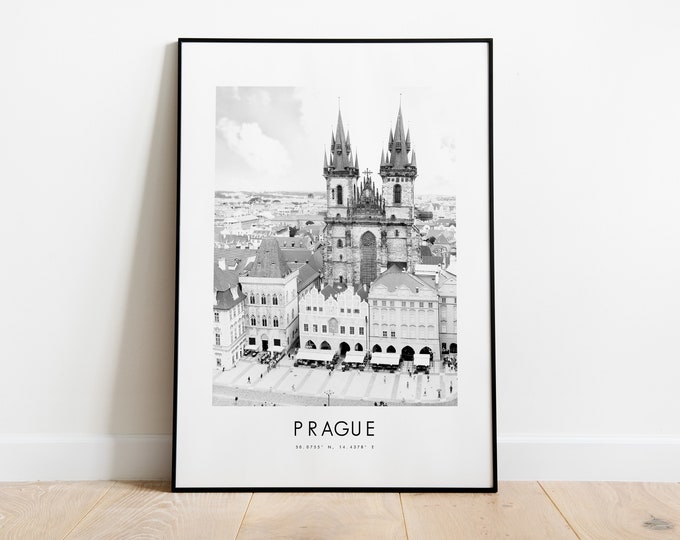 Prague City Poster Print - Black and White Minimalist City Print - Coordinates - Prague Map - Prague Art Print - European Decor - Hallway
