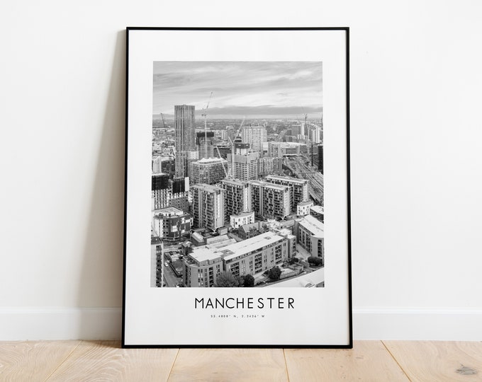 Manchester City Poster Print - Black and White Minimalist City Print - Coordinates - Manchester Poster - Manchester Art Print - UK - Poster