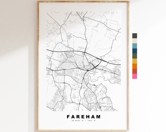 Fareham Map Print - Minimalist City Map Poster - Map Wall Art - UK - Fareham Print - Fareham Poster - Different Colours Available