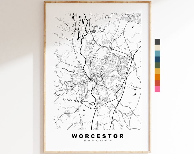 Worcestor Map Print - Minimalist City Map Poster - Map Art - UK - Worcestor Print - Worcestor Poster - Different Colours Available