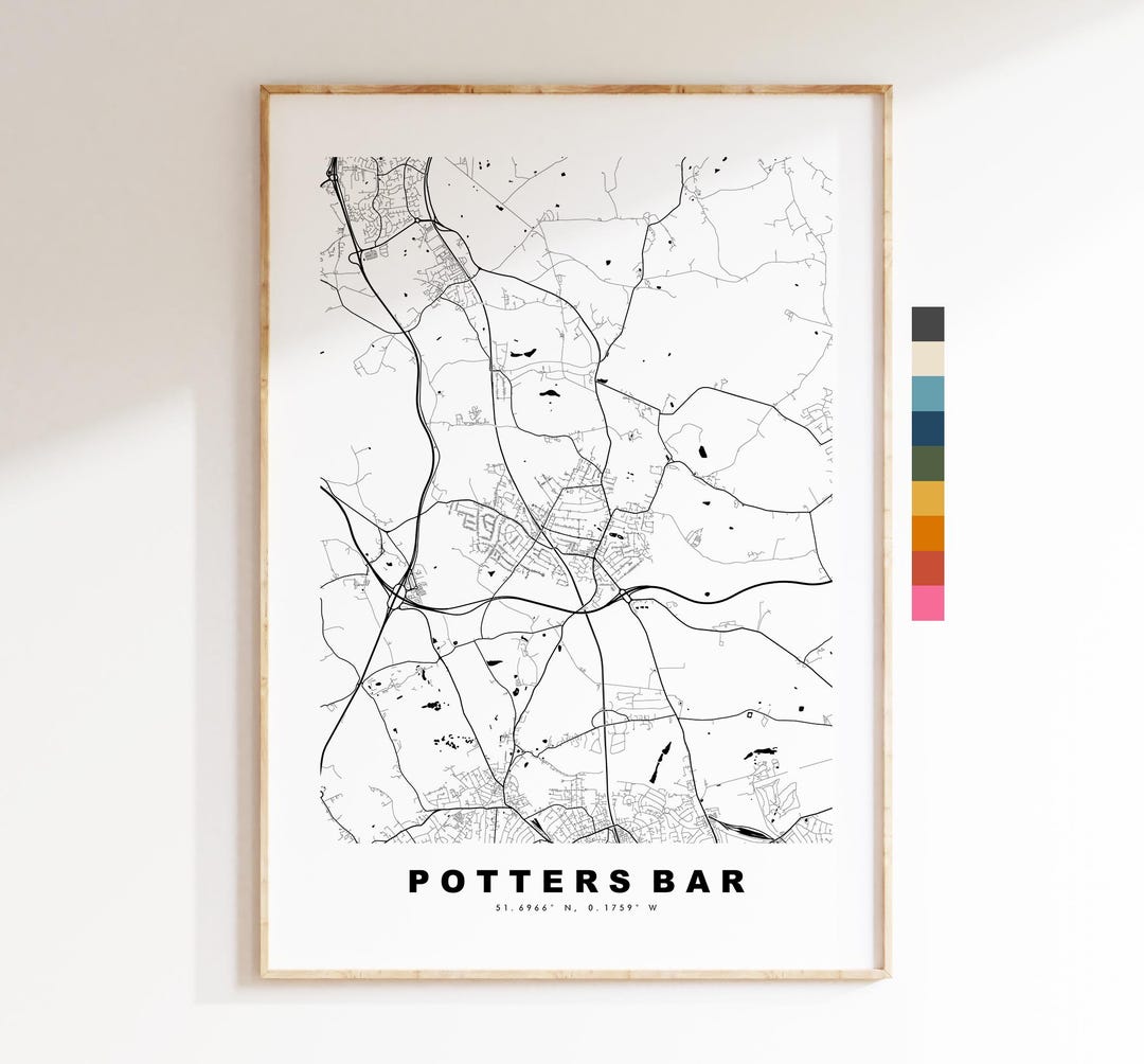Potters Bar Map Print - Minimalist City Map Poster - Map Art - UK ...