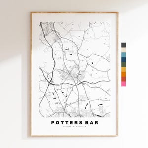 Impresión del mapa de Potters Bar - Póster minimalista de mapa urbano - Arte cartográfico - Reino Unido - Impresión de Potters Bar - Hertfordshire - Disponible en varios colores