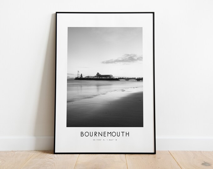 Bournemouth Poster Print - Black and White Minimalist City Print - Coordinates - Bournemouth Pier - Bournemouth Art Print - Bournemouth Gift
