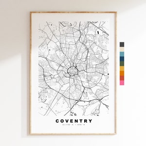 Impresión de mapa de Coventry - Póster de mapa de ciudad minimalista - Arte de mapas - Reino Unido - Impresión de Coventry - Póster de Coventry - Diferentes colores disponibles