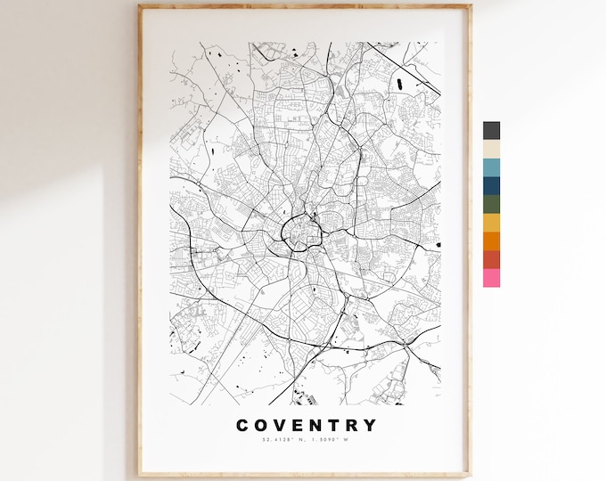 Coventry Map Print - Minimalist City Map Poster - Map Art - UK - Coventry Print - Coventry Poster - Different Colours Available