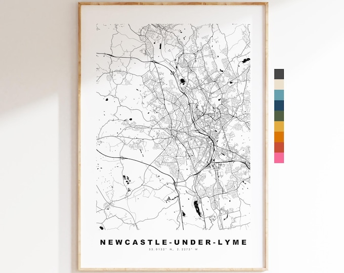 Newcastle-under-Lyme Map Print - Minimalist City Map Poster - Map Art - UK - Newcastle-under-Lyme Print - Different Colours Available