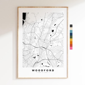 Impresión de mapa de Woodford - Póster minimalista de mapa urbano - Arte cartográfico - Reino Unido - Impresión de Woodford - Woodford, Londres - Diferentes colores disponibles